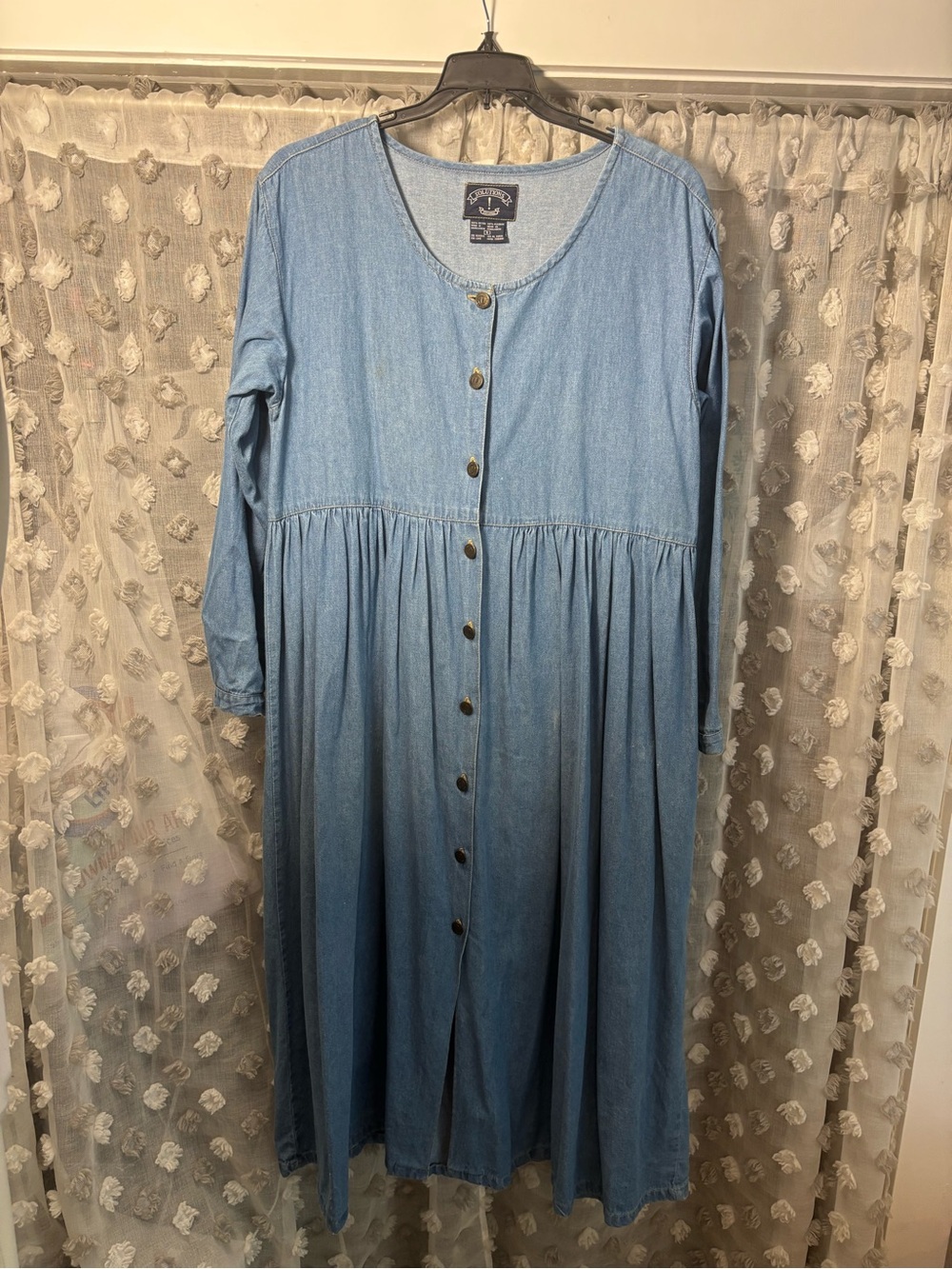 Vintage Casual Light Blue Denim Button-Front Long Sleeve Dress